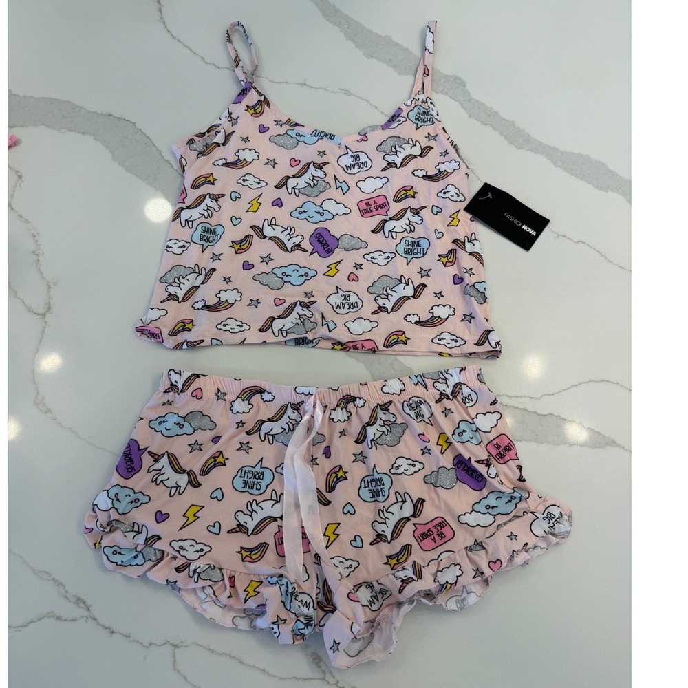 Fashion Nova Miss Unicorn PJ Short Set Blush Pink Rainbow Womens Medium